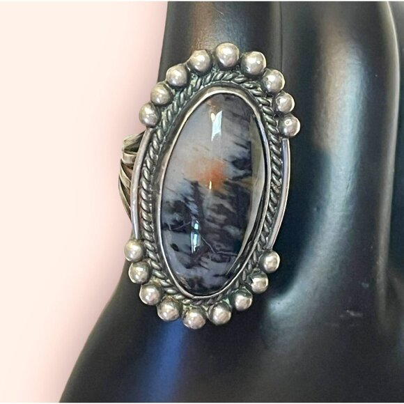 *Sunset In Forest* VTG Native American Sterling Silver Picture Agate Ring 3.25 - Picture 2 of 10